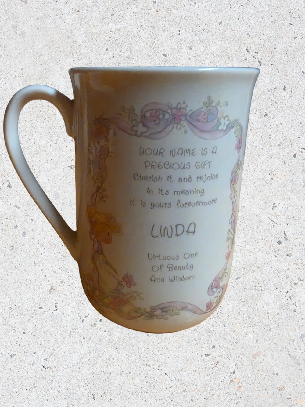 Vintage 1989 Precious Moments LINDA Coffee Mug Cup Enesco Korea Pastel Blue - Picture 3 of 4